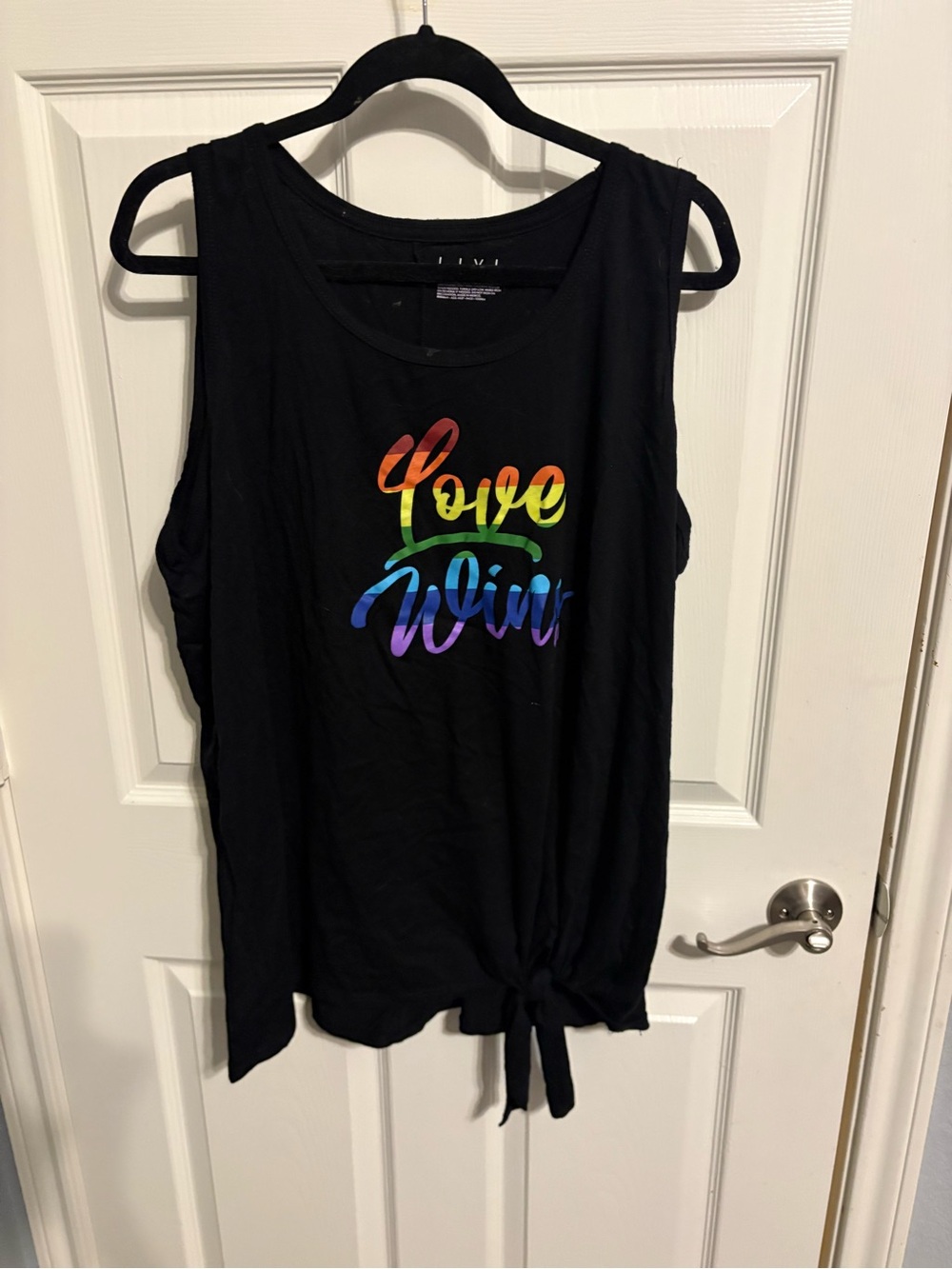 154- Lane Bryant Black Tank Top with Rainbow "Love Wins" Script and Front Tie